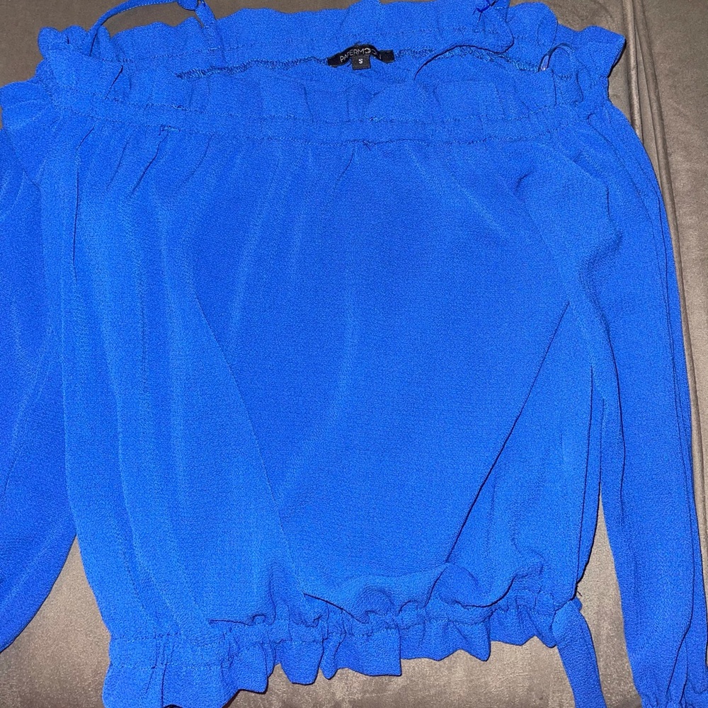 Royal blue small formal blouse w ties & ruffles